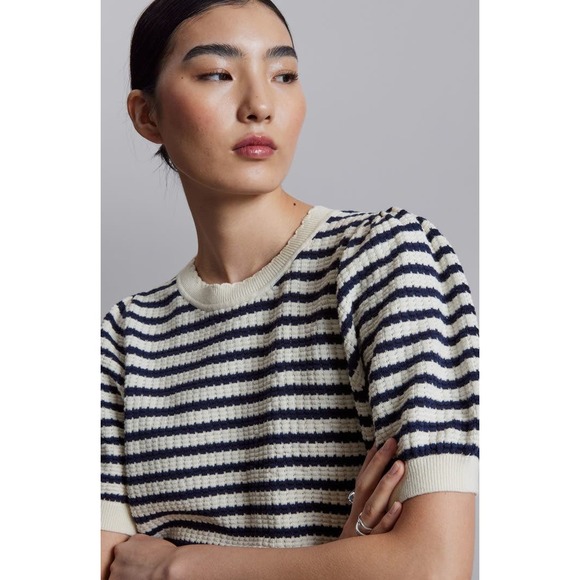 & Other Stories Sweaters - & Other Stories Striped Scalloped Puff Sleeve Cotton Sweater Navy Cream Small